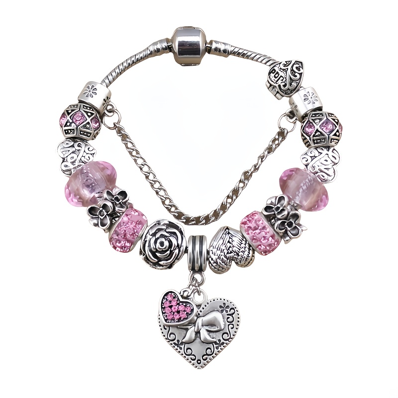 Pink Crystal Heart Pendant Bracelet Titanium Steel Chain